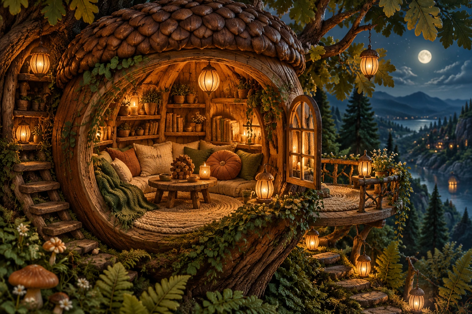 A warm miniature treehouse reading nook in an original forest garden