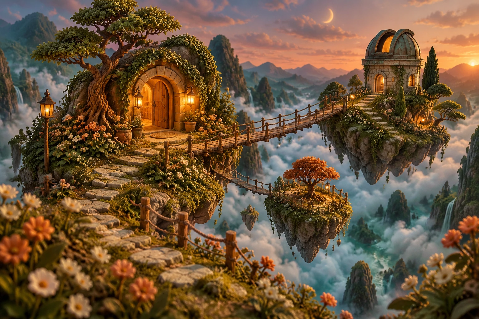An original illustrated world of floating garden islands, glowing doorways and a crescent moon